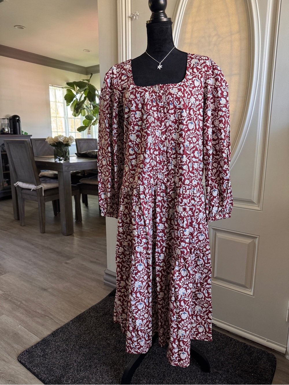 Joie Maroon and White Floral Long Sleeve Tiered Dress